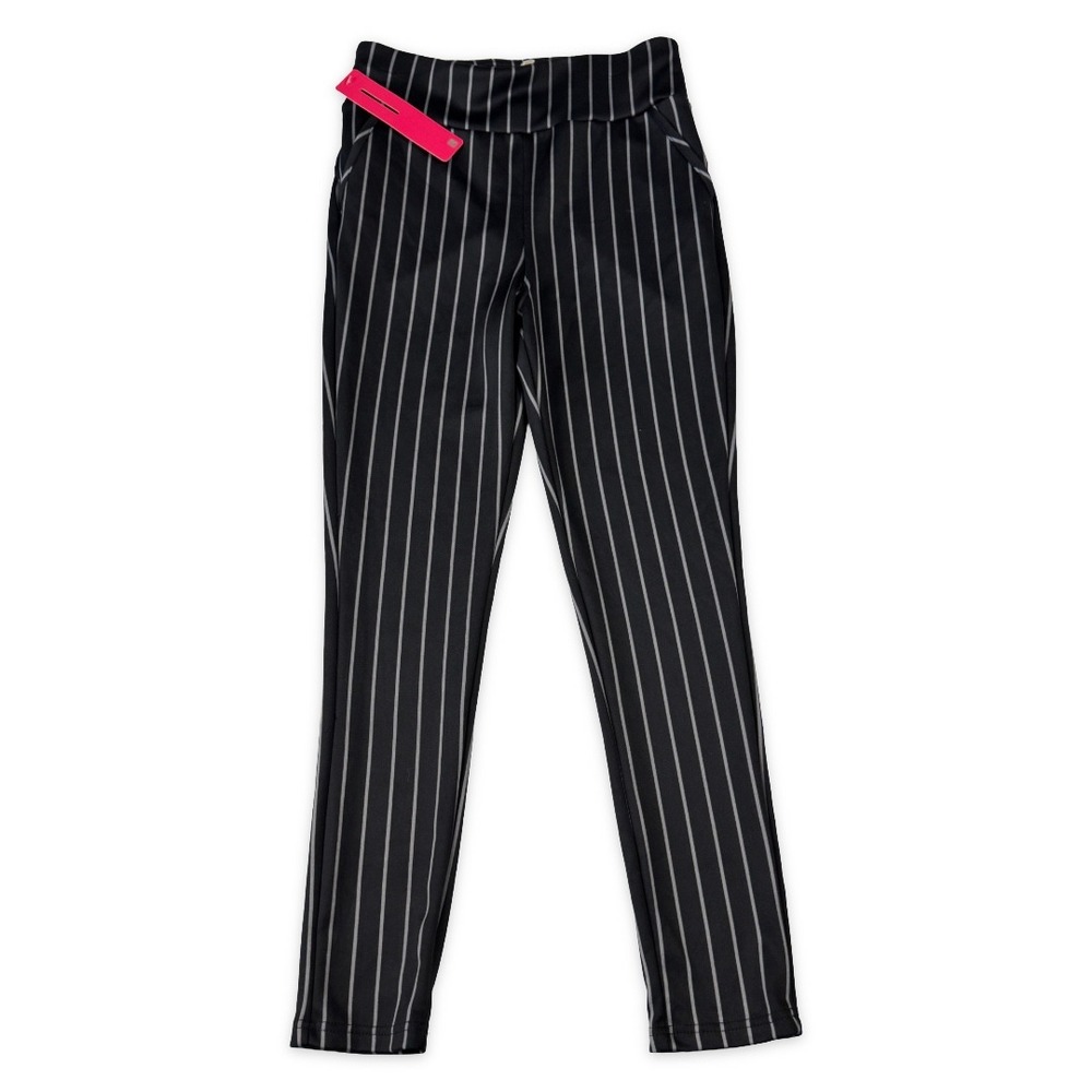 Shosho Womens Pinstripe Pull On Treggings L Large Black White Slim Leg Stretch